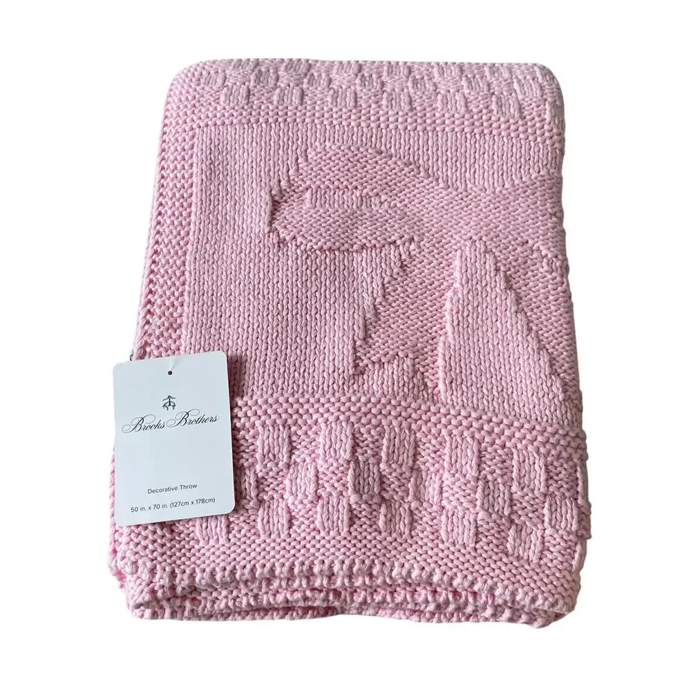 Brooks Brothers Pink Bow Knitted Throw Blanket 50x70 Designer Spring Decor NEW